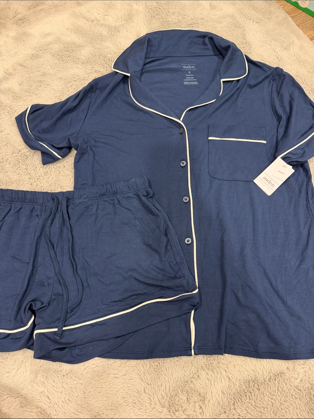 Auden Navy Blue Pajama Set with Contrast Piping - XS shorts S top